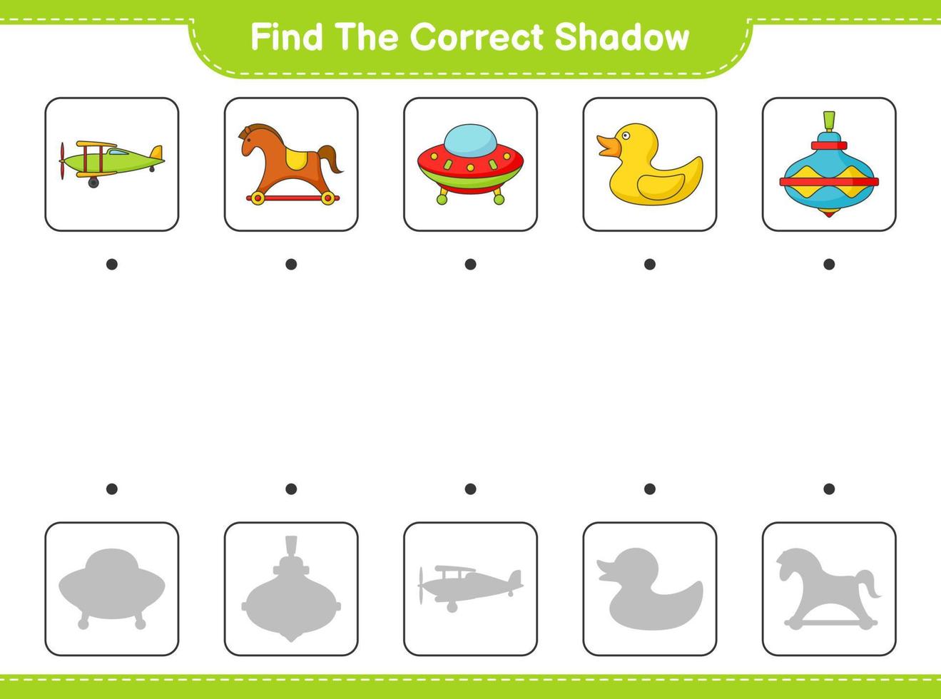 Finden Sie den richtigen Schatten. finde und kombiniere den richtigen schatten von ufo, flugzeug, wirbelndem spielzeug, gummiente und schaukelpferd. pädagogisches kinderspiel, druckbares arbeitsblatt, vektorillustration vektor