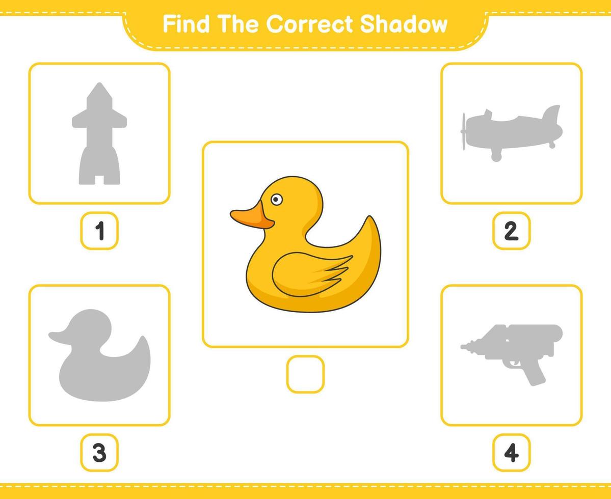 Finden Sie den richtigen Schatten. Finden Sie den richtigen Schatten der Gummiente und passen Sie ihn an. pädagogisches kinderspiel, druckbares arbeitsblatt, vektorillustration vektor