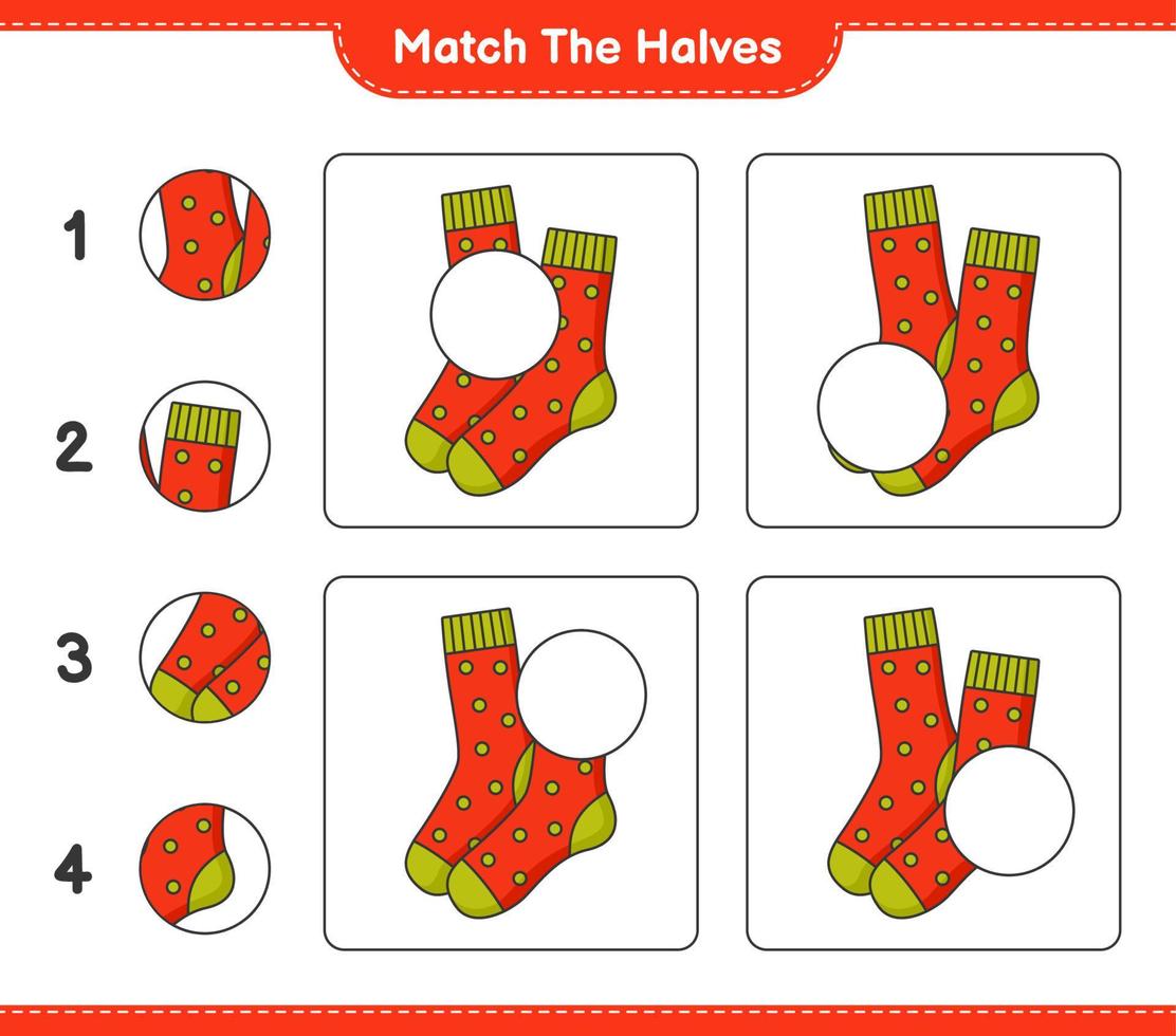 match de halvor. match halvor av strumpor. pedagogisk barn spel, tryckbar arbetsblad, vektor illustration