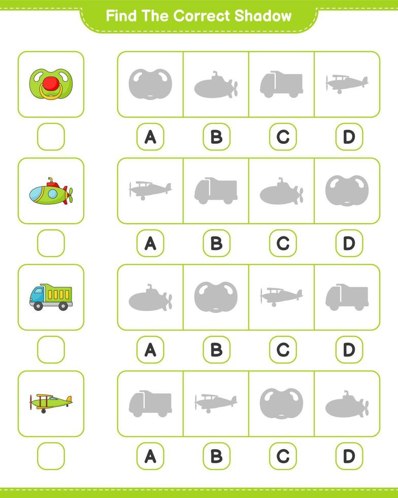 hitta de korrekt skugga. hitta och match de korrekt skugga av lastbil, plan, u-båt, och napp. pedagogisk barn spel, tryckbar arbetsblad, vektor illustration