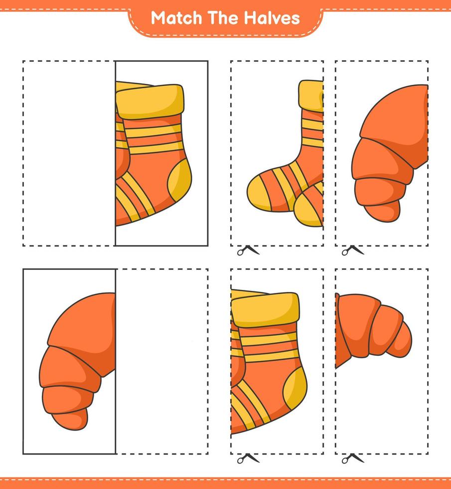 verbinde die Hälften. Passen Sie die Hälften von Socken und Croissants zusammen. pädagogisches kinderspiel, druckbares arbeitsblatt, vektorillustration vektor