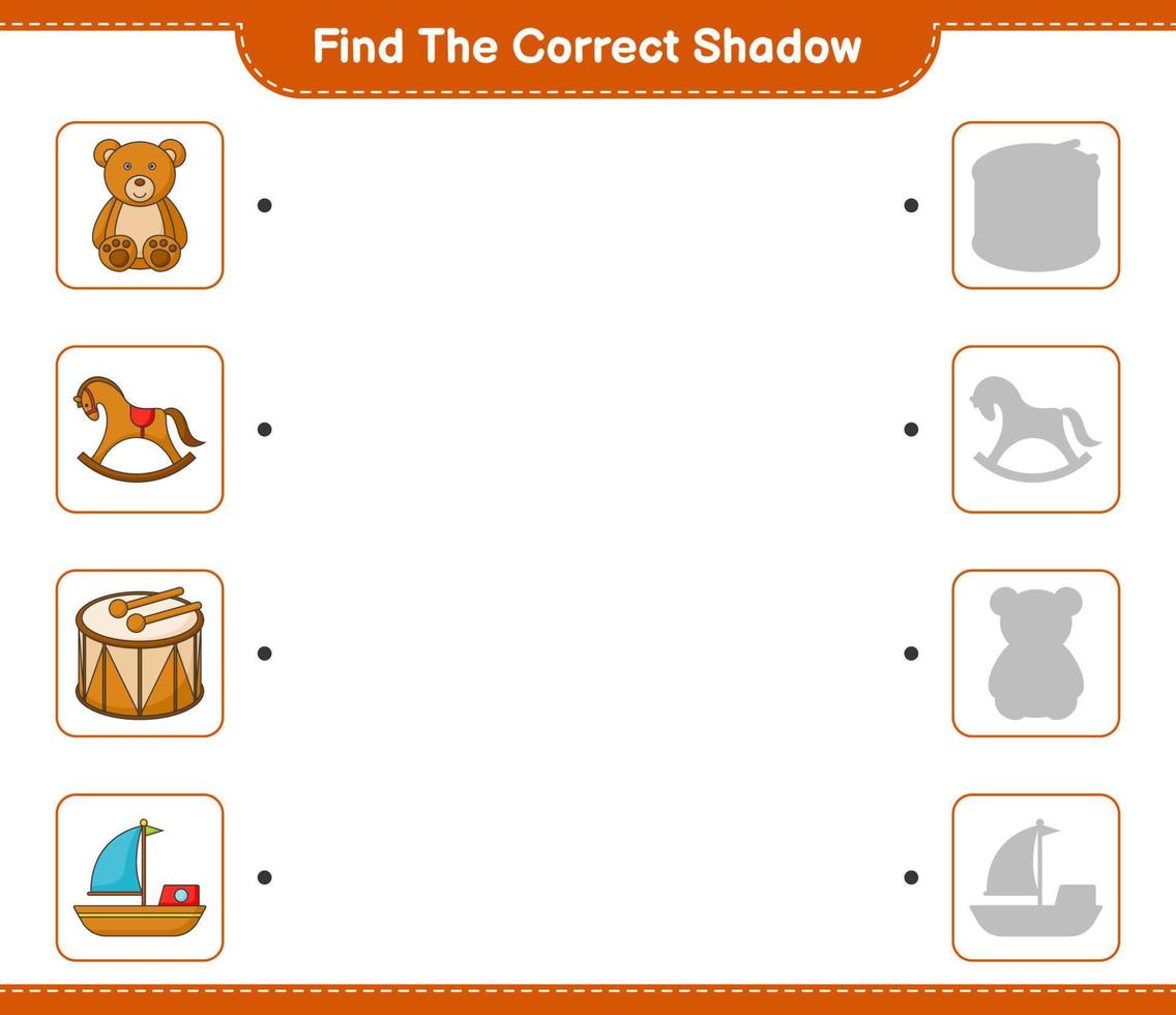 Finden Sie den richtigen Schatten. Finde und kombiniere den richtigen Schatten von Boot, Trommel, Teddybär und Schaukelpferd. pädagogisches kinderspiel, druckbares arbeitsblatt, vektorillustration vektor