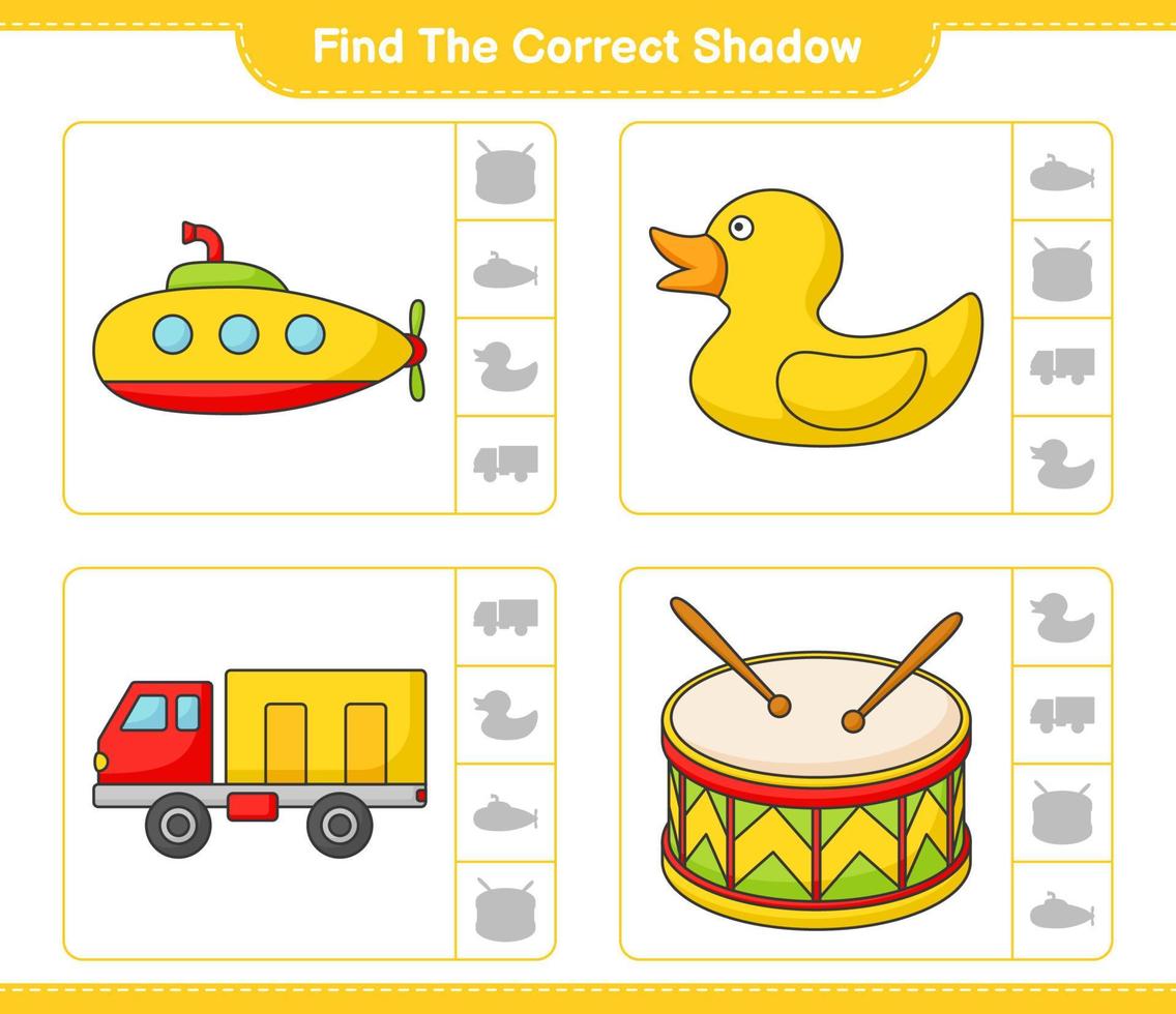 Finden Sie den richtigen Schatten. Finde und kombiniere den richtigen Schatten von U-Boot, Gummiente, Lastwagen und Trommel. pädagogisches kinderspiel, druckbares arbeitsblatt, vektorillustration vektor