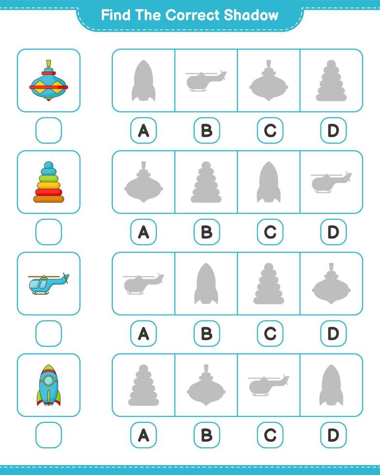 Finden Sie den richtigen Schatten. Finde und kombiniere den richtigen Schatten von Pyramidenspielzeug, Wirbelspielzeug, Rakete und Helikopter. pädagogisches kinderspiel, druckbares arbeitsblatt, vektorillustration vektor