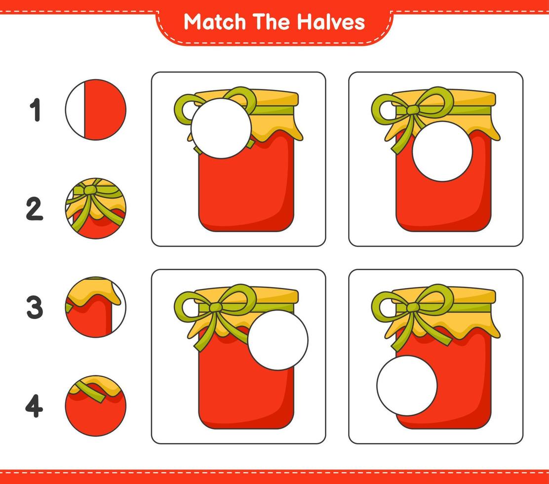verbinde die Hälften. Hälften der Marmelade zusammenpassen. pädagogisches kinderspiel, druckbares arbeitsblatt, vektorillustration vektor