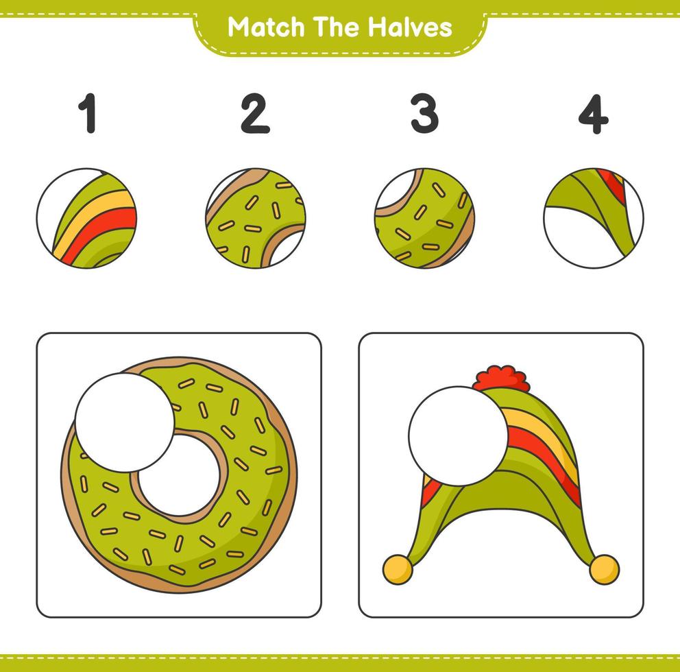 match de halvor. match halvor av munk och hatt. pedagogisk barn spel, tryckbar arbetsblad, vektor illustration