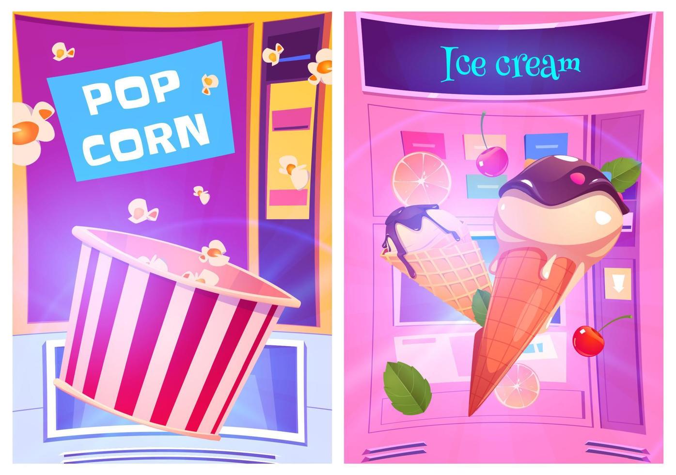 Popcorn und Eiscreme-Snacks am Automaten vektor