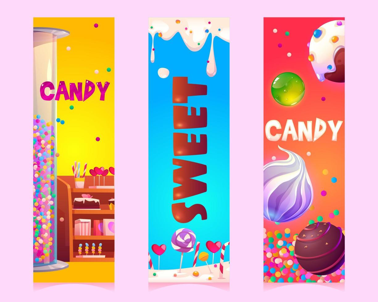 Süßigkeiten und Bonbons Cartoon vertikale Banner gesetzt vektor