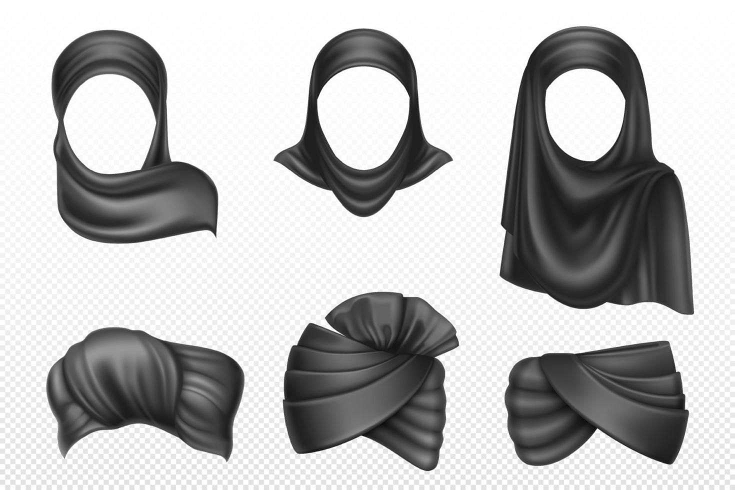 schwarzer Turban und Hijab, indischer und arabischer Kopfschmuck vektor