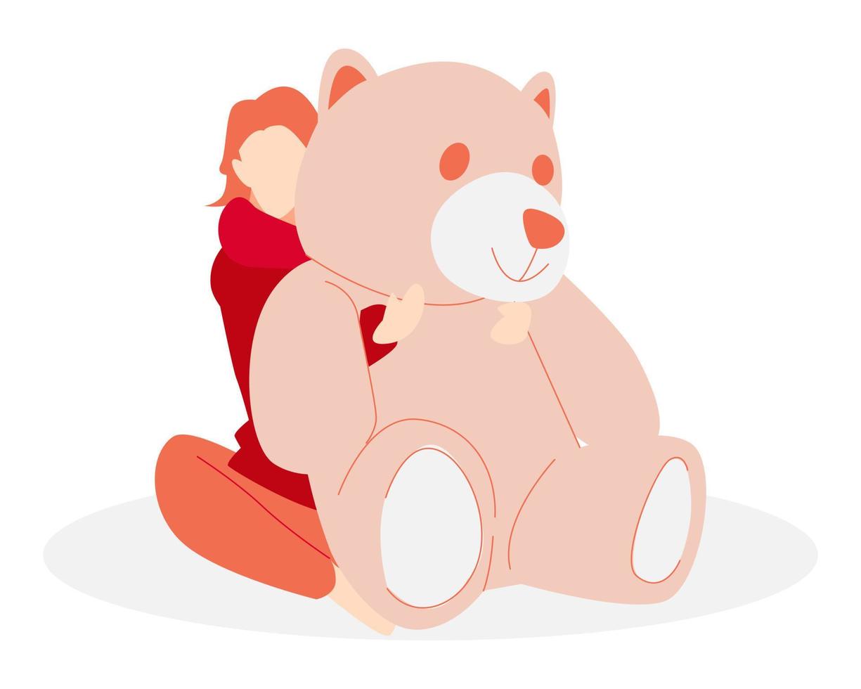 flicka kramas en stor teddy Björn. rolig. lämplig för de tema av leksak, gåva, djur, etc. platt vektor illustration