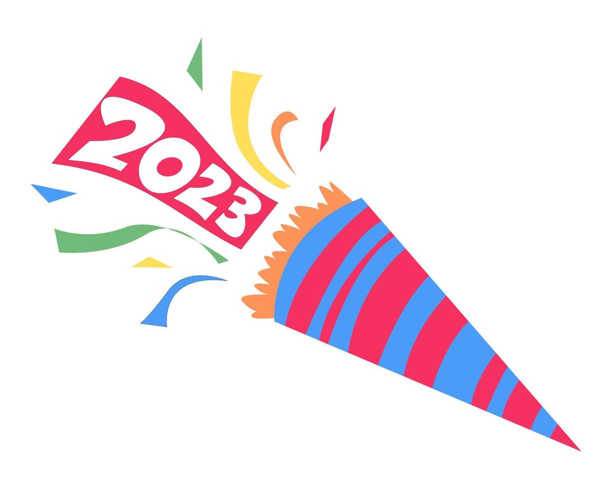 färgrik firande trumpet ikon. typografi font 2023. lämplig för firande teman, ny år, födelsedag, hälsning kort, mallar, etc. platt vektor stil.