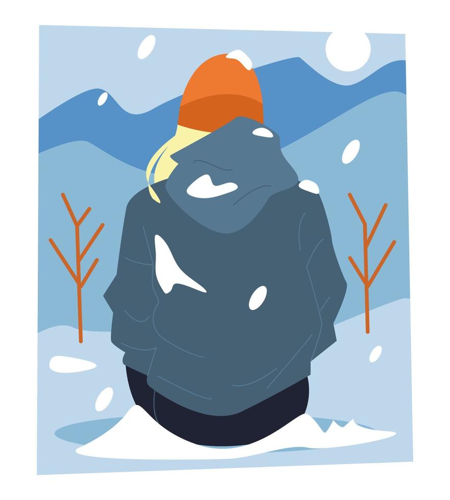 Frau in warmer Kleidung, die im Schnee sitzt. Rückansicht. Schnee auf Kleidung Winterthema. flache vektorillustration vektor