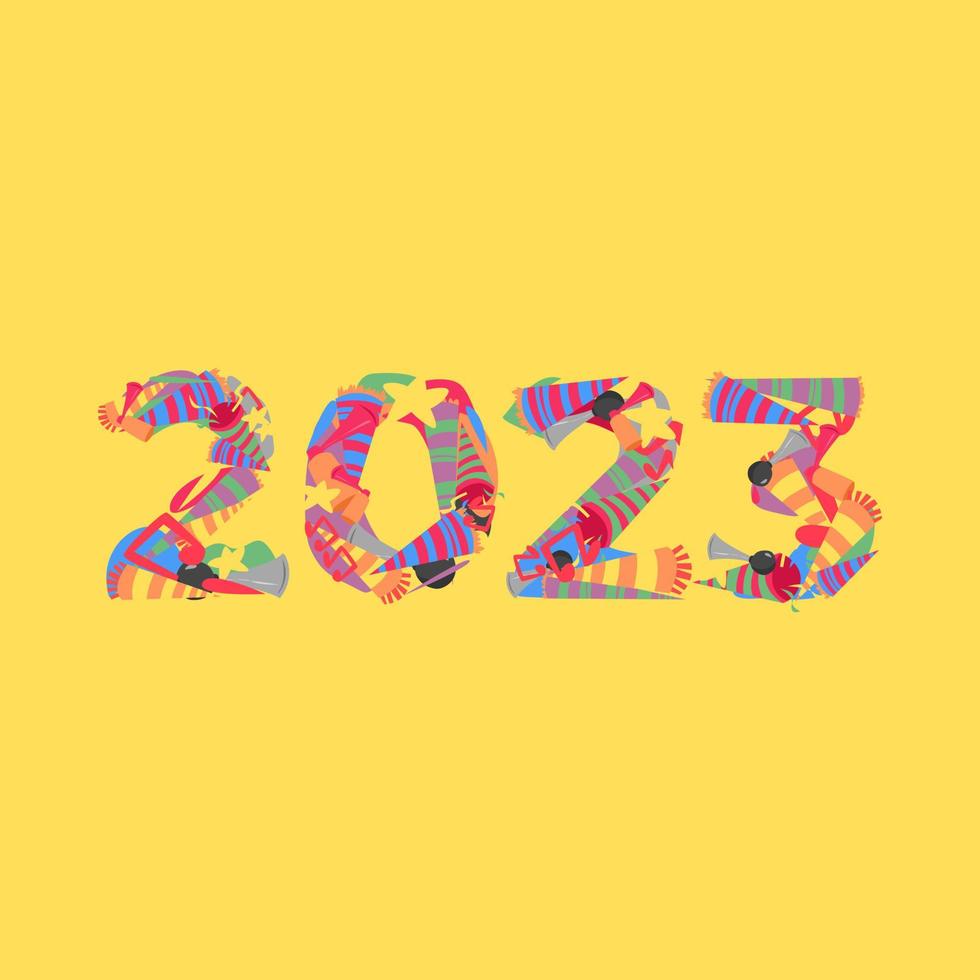 2023-Typografie besteht aus Trompeten-Icon-Set, Horn usw. Doodle-Collage. gelber Hintergrund. neujahrskonzept für vorlage, grußkarte, druck, aufkleber, banner usw. flacher vektorstil vektor
