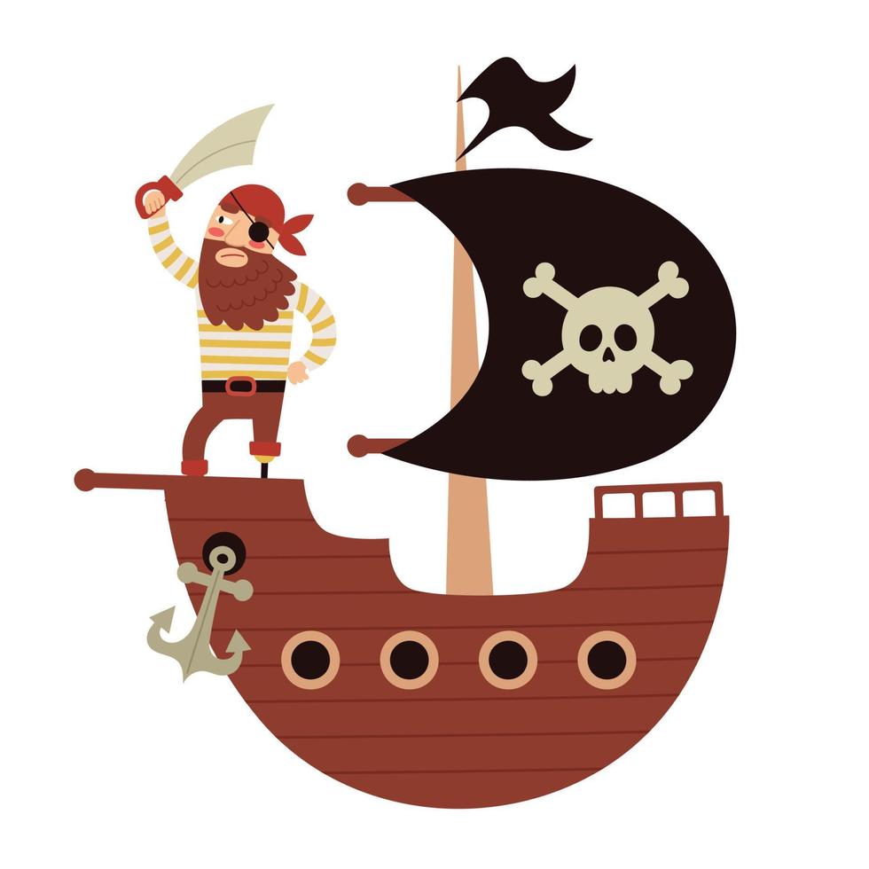Piratenschiff mit einer schwarzen Flagge mit Totenkopf. Ein bärtiger, einäugiger Pirat steht an Deck. isolierte Illustration des Kindervektors auf weißem Hintergrund vektor