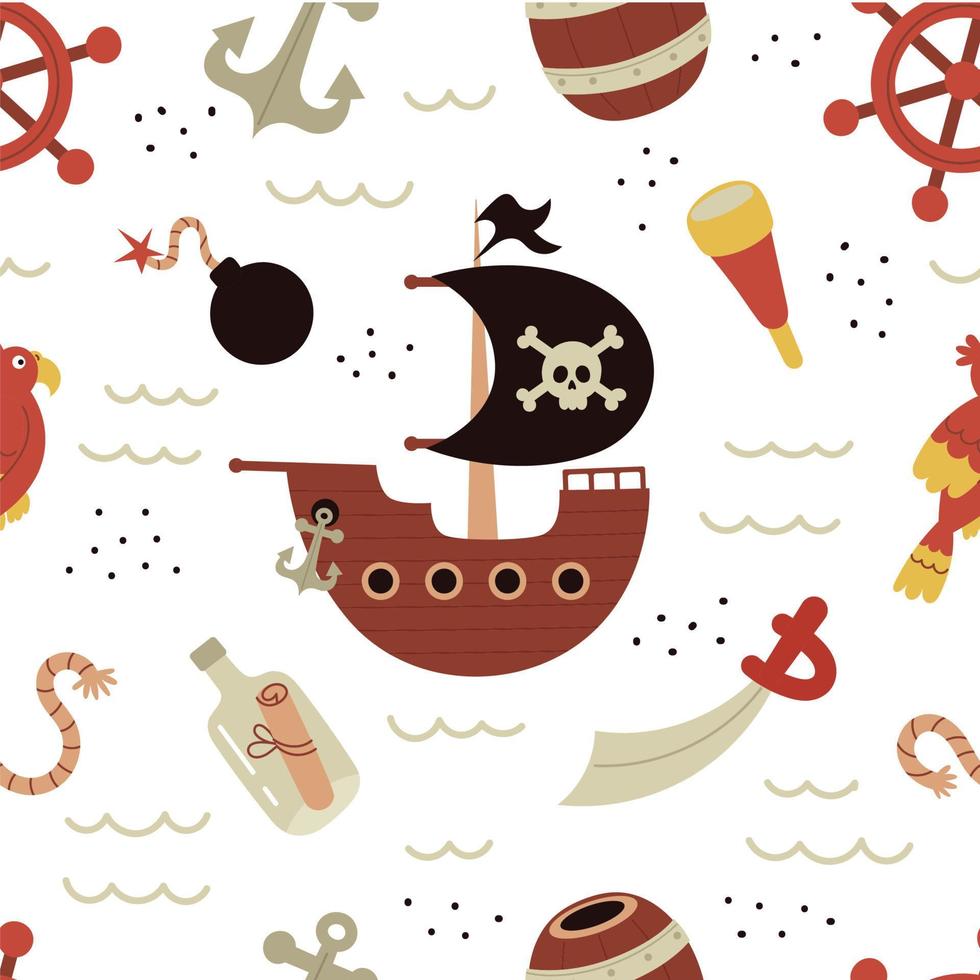 Mobilenahtloses Muster mit Piratenelementen. vektorillustration für kinder. schädel, schiff, meer, gekreuzte knochen, fass, brust, anker, rum. vektor