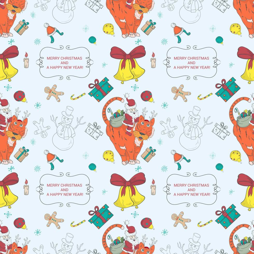 sömlös mönster baner för jul och ny år design i de stil av klotter santa claus med en väska av gåvor sitter på en tiger på de bakgrund av festlig objekt vektor