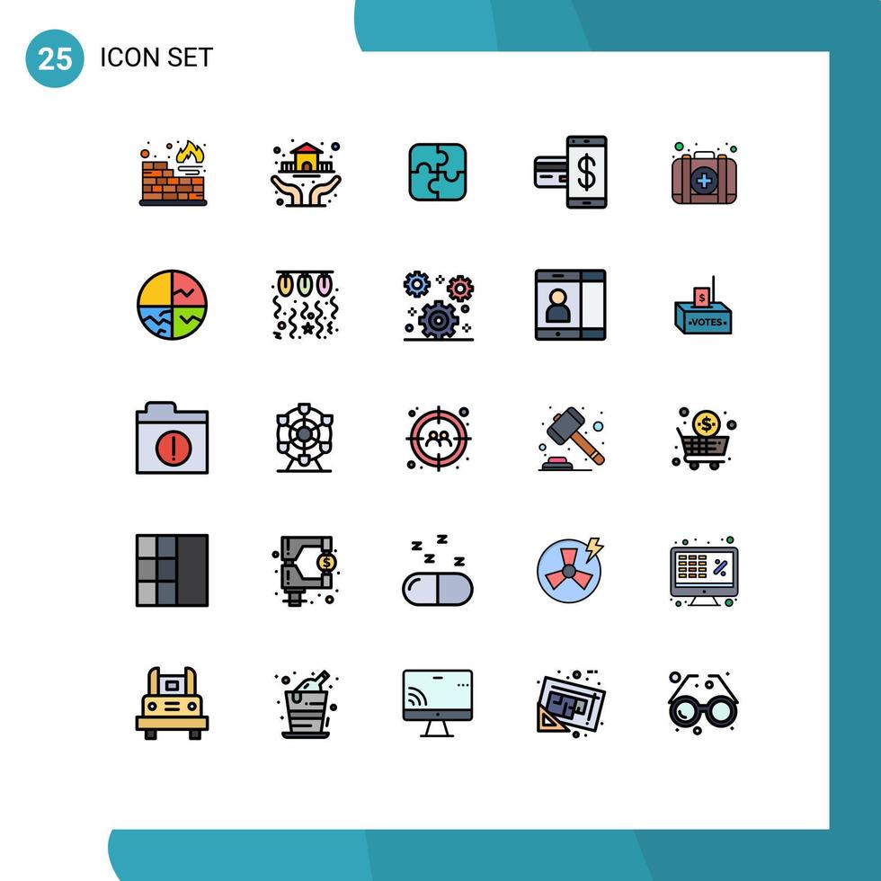 uppsättning av 25 kommersiell fylld linje platt färger packa för utrustning betalning delar finansiell kontantlös redigerbar vektor design element