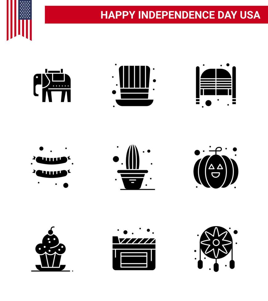 Solide Glyph-Packung mit 9 USA-Unabhängigkeitstag-Symbolen von Pflanzenkaktus-Türen-Wurst-Essen editierbare USA-Tag-Vektordesign-Elemente vektor