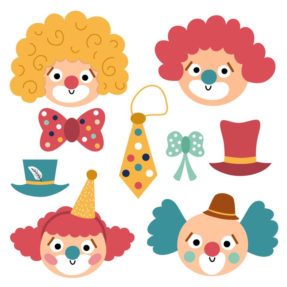 Vektorset mit Clowngesichtern. Zirkuskünstler Avatare Cliparts. Vergnügungsurlaub-Icons-Pack. niedliche lustige festivalfiguren clipart. straßenshow-komikerillustration mit fliege, hut, perücke vektor