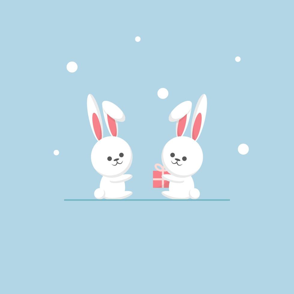 Vektor Winter Abbildung zwei Kaninchen sitzen mit einem Geschenk
