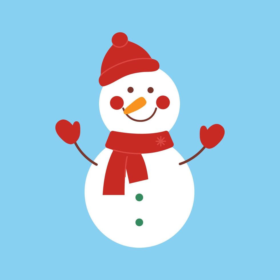 glücklicher schneemann in einem roten hut, in einem schal und in handschuhen lokalisiert auf blauem hintergrund. flache vektorillustration für winter, weihnachten, neues jahr vektor