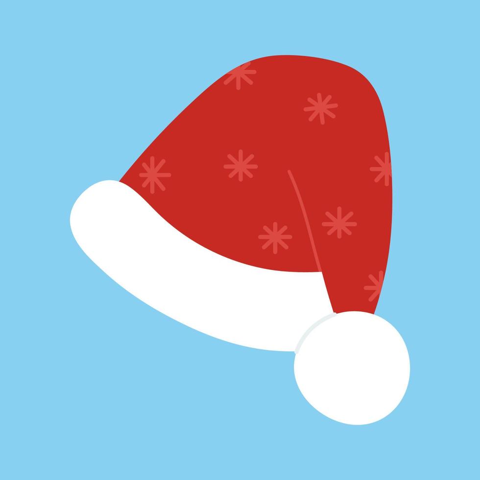 rote Weihnachtsmütze auf blauem Hintergrund isoliert. weihnachtsmannmütze mit schneeflocken. flache vektorillustration vektor