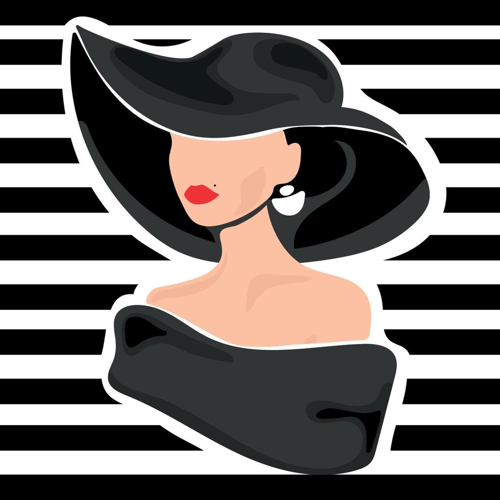 Modeillustration elegante Frau in einem Hut auf einem gestreiften Hintergrund Vektorillustration. abstraktes Frauengesicht mit roten Lippen und einem Hut mit großer Krempe vektor