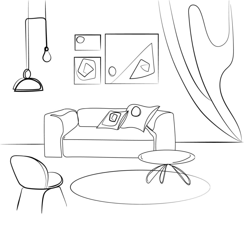 interiör design med modern levande rum med soffa, fåtölj, abstrakt målningar på de vägg och hängande loft lampor, kaffe tabell svart linje skiss teckning på vit bakgrund vektor illustration