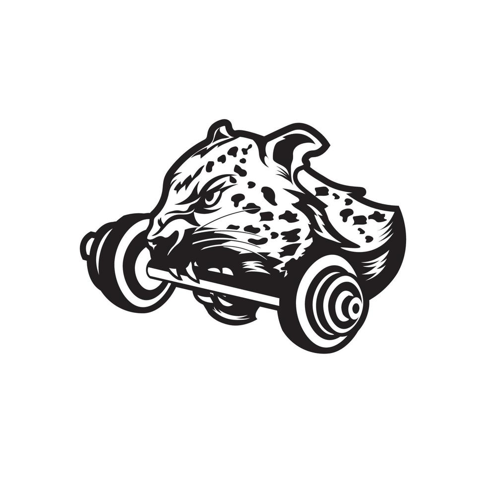 leopard huvud med hantel vektor illustration, Bra för Gym och kropp träna klubb logotyp