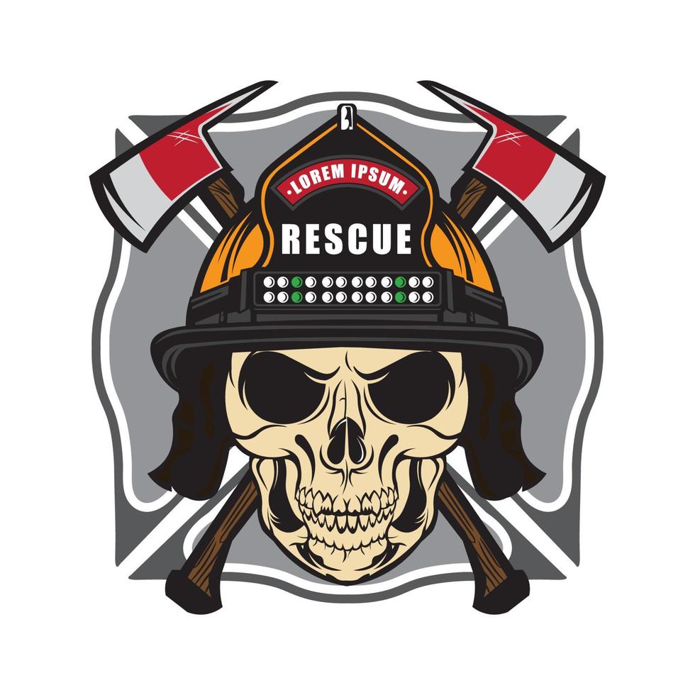 Schädel-Feuerwehrmann-Vektor-Illustrationslogo mit Axt und Helm, perfekt für Rettungsteam-T-Shirt-Design vektor