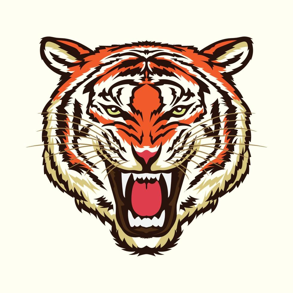 wütende Tigergesichtsvektorillustration im Retro-Farbstil, perfekt für T-Shirt-Design und Maskottchen-Logo-Design vektor