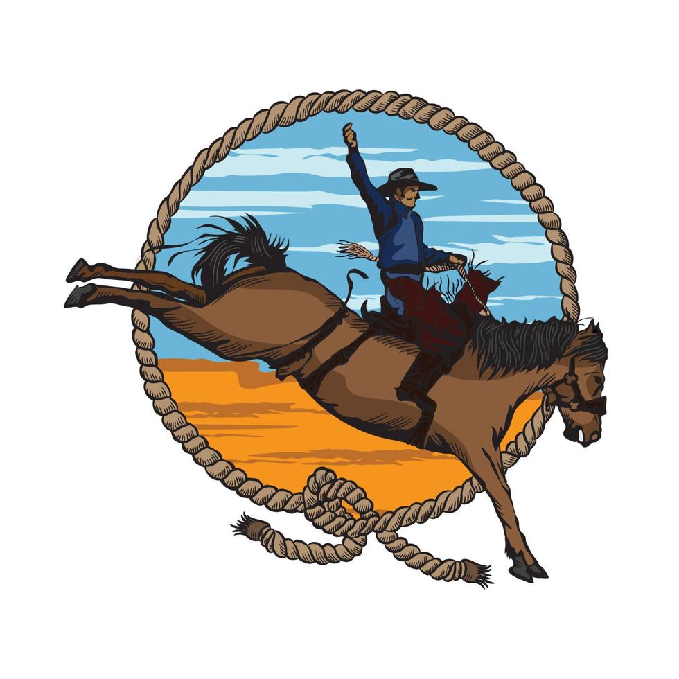 Rodeoman-Vektorillustration in handgezeichnetem Stil und Retro-Farbe, perfekt für Rodeo-Event-Logo, T-Shirt-Design und Waren vektor