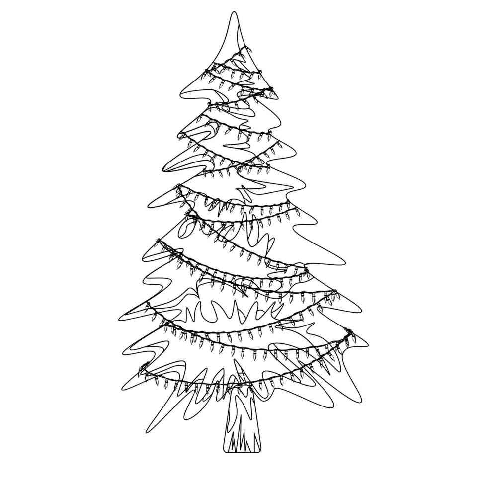 Weihnachtsbaum im Umriss. Sterne, Girlanden und Kugeln. Weihnachtsgrußkarte. Vektor-Illustration auf weißem Hintergrund. vektor