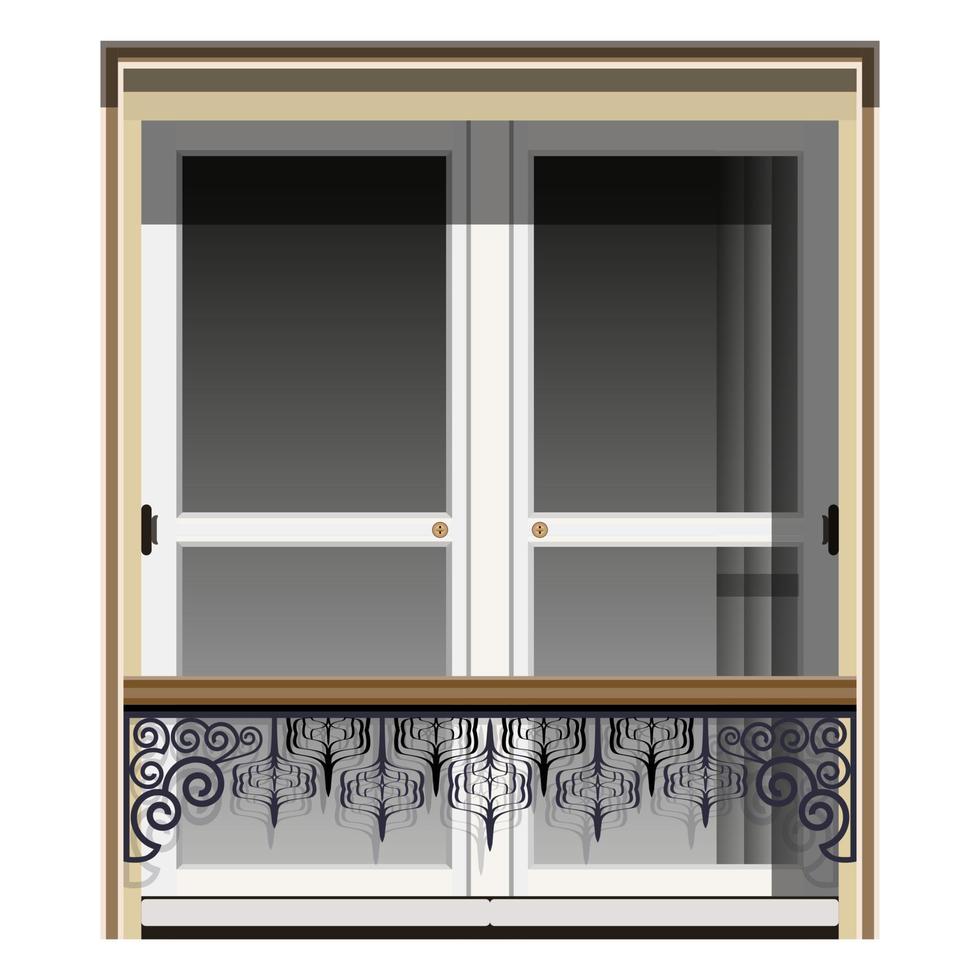 Fenster mit geschmiedeten Geländern. Holztür mit kleinen Fenstern. Gebäudefassade aus Marmor. bunte Vektorillustration lokalisiert auf weißem Hintergrund. vektor