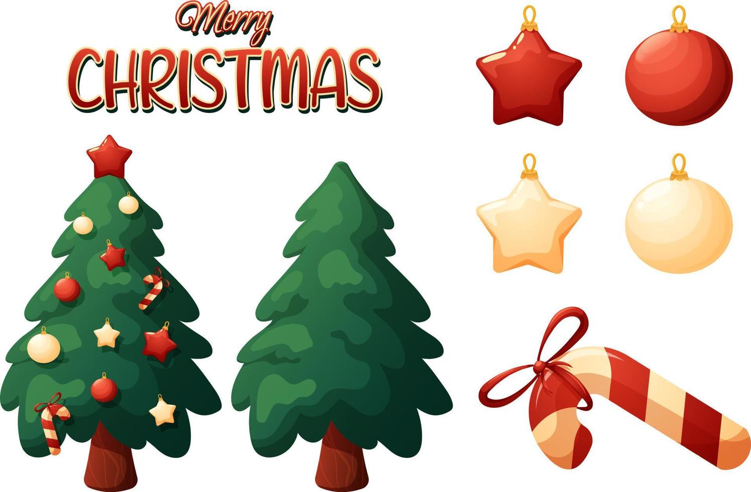 weihnachtsset im karikaturstil von weihnachtsbäumen, frohe weihnachten und spielzeug beschriftend vektor