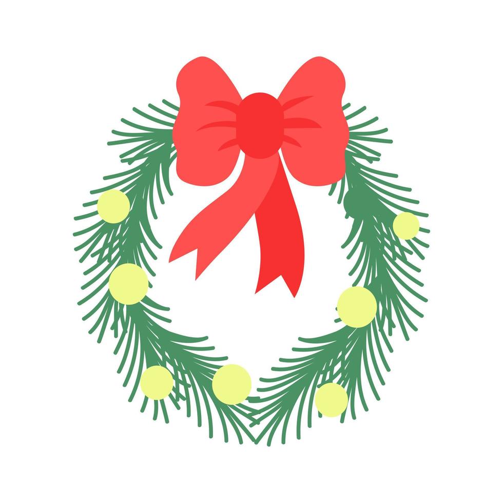 söt jul krans dekorerad med en rosett och grannlåt isolerat på vit bakgrund. vektor hand dragen illustration i platt stil.