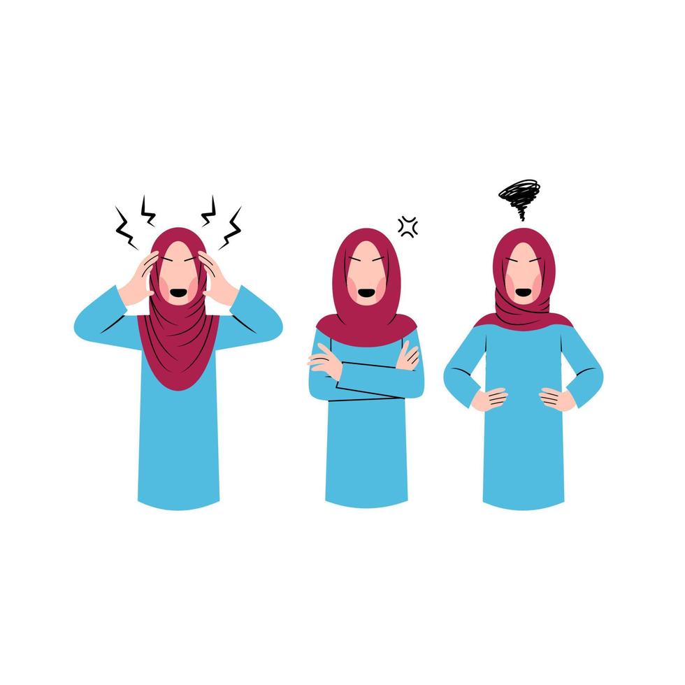 satz der wütenden illustration der hijab-frau vektor