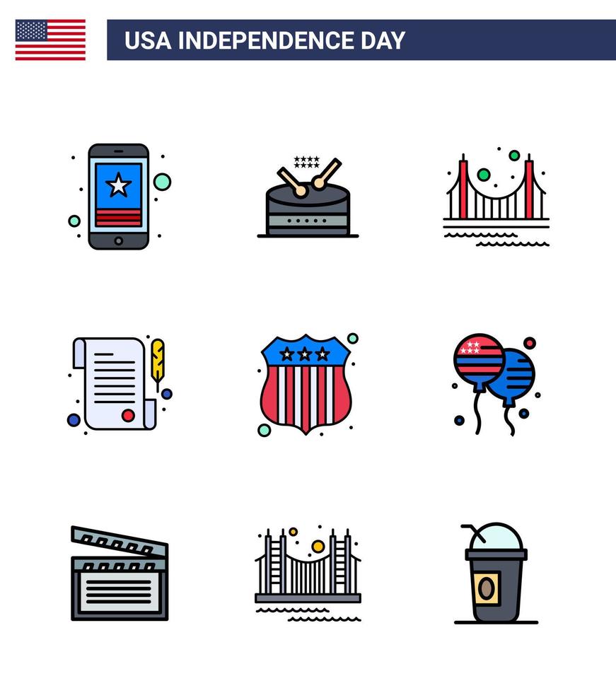 9 USA platt fylld linje tecken oberoende dag firande symboler av bricka mottagande parad papper landmärke redigerbar USA dag vektor design element
