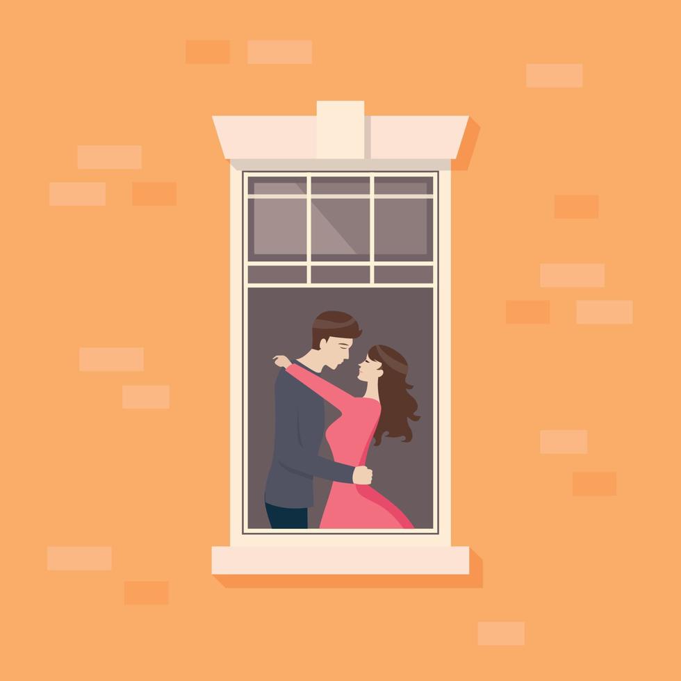 lägenhet fönster med par är kissing vektor