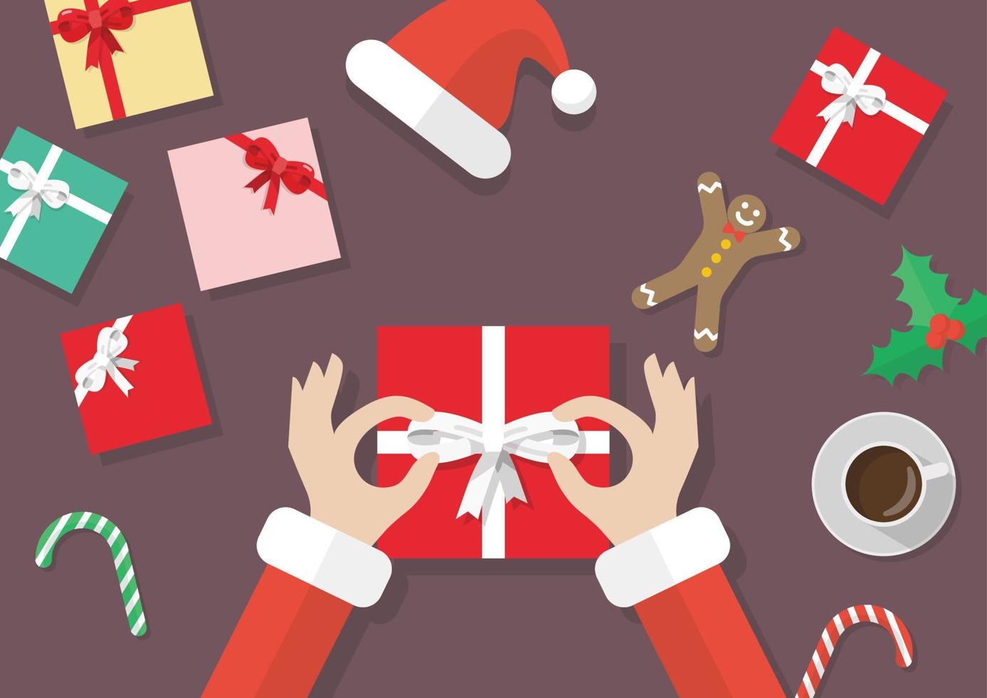Santa handgebundene Schleife auf der Geschenkbox mit weihnachtlichen Elementen vektor