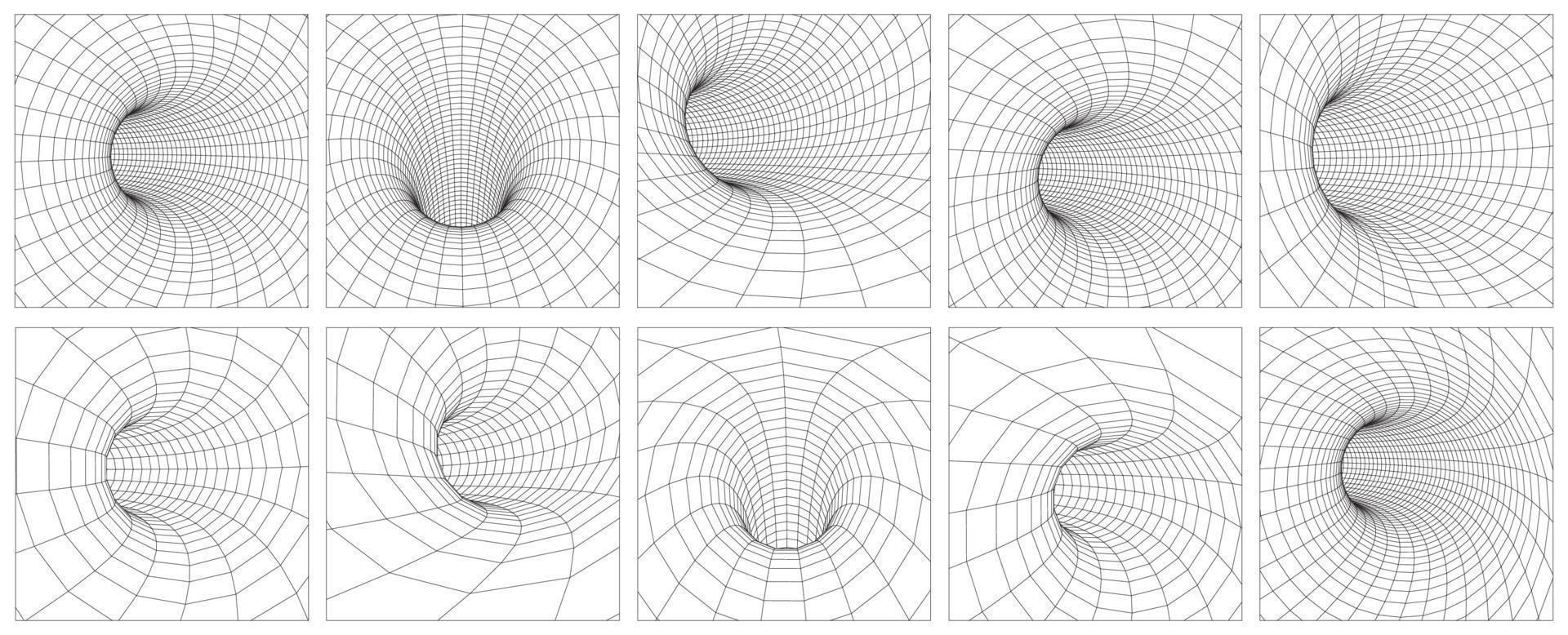 Gitter-Wurmloch-Drahtgitter-Tunnel. 3D-Schwerkraft-Quantum, Vektor-Wurmloch-Illustration. singularität abstraktes schwarzes loch wirbel konzept 3d illustration. Folge 10. vektor