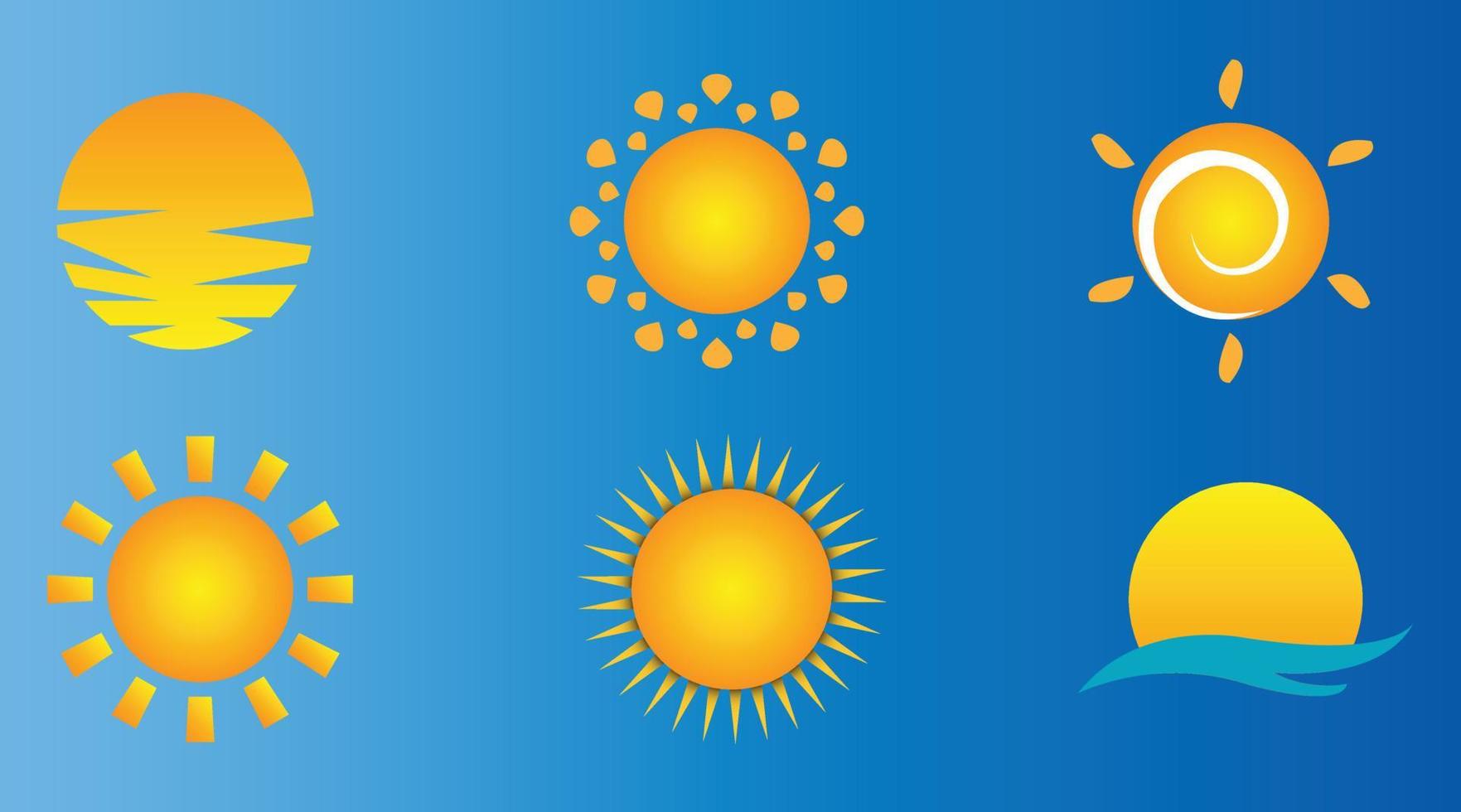 Sonne-Icon-Set. sonnenschein, heißer sommer und sonnenaufgang symbole, goldene sonnenlichtkreise, sonnen- und sonnige wetterzeichenvektorsätze. vektor