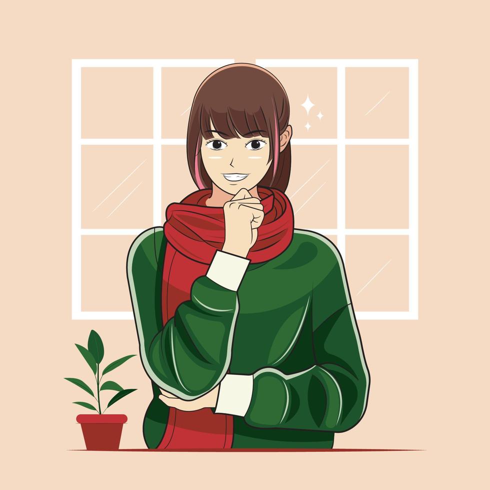 Glückliches junges Mädchen, das einen Pullover trägt, denkt an eine geniale Idee, Vektorillustration, kostenloser Download vektor