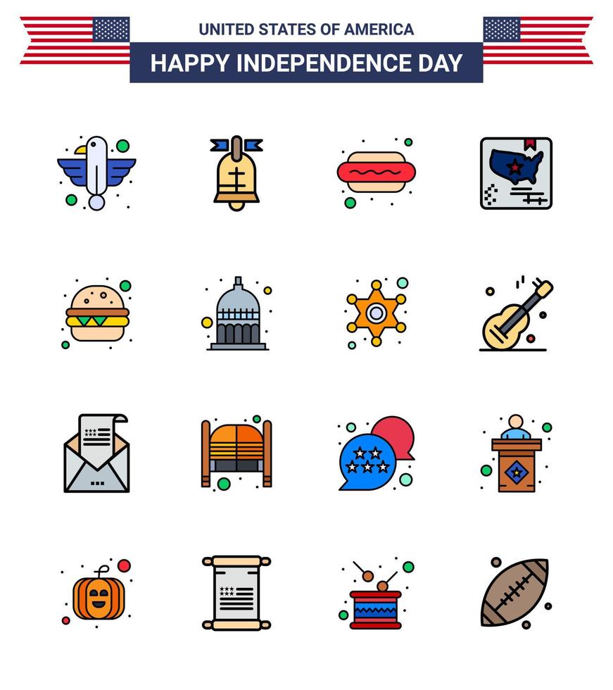 packa av 16 USA oberoende dag firande platt fylld rader tecken och 4:e juli symboler sådan som burger Karta USA flagga varm jag redigerbar USA dag vektor design element