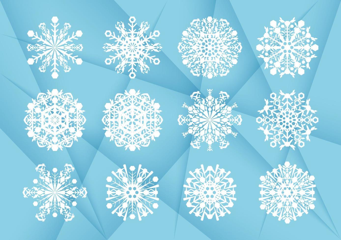 uppsättning av vit snöflingor, på en lutning blå bakgrund, vektor illustrationer.