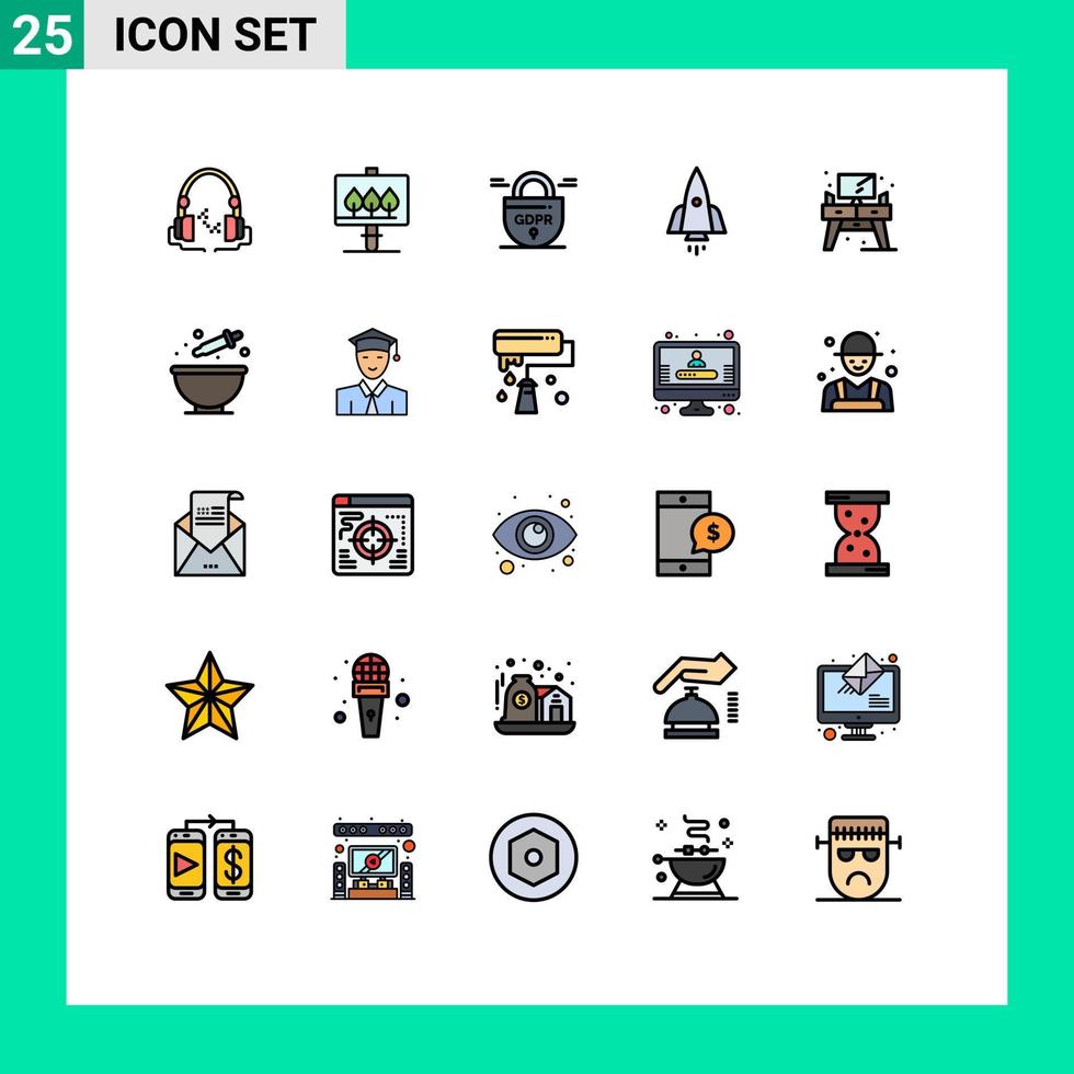 Packung mit 25 modernen, gefüllten flachen Farbzeichen und Symbolen für Web-Printmedien wie Living Travel gdpr Startup Spaceship editierbare Vektordesign-Elemente vektor