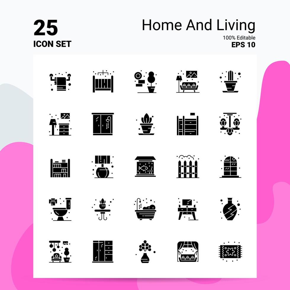 25 Home and Living Icon Set 100 bearbeitbare eps 10 Dateien Business Logo Konzeptideen solides Glyphen-Icon-Design vektor