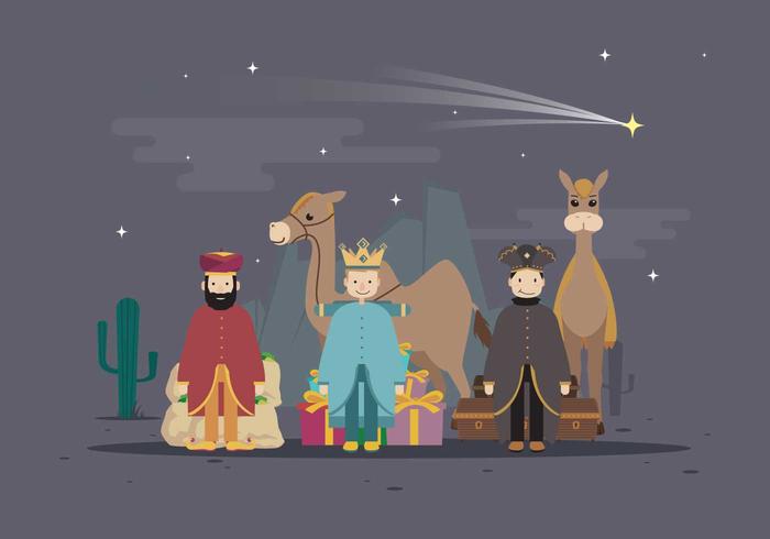 Gratis tre konung med Kamel i öknen, lycklig Epiphany dag Illustration vektor