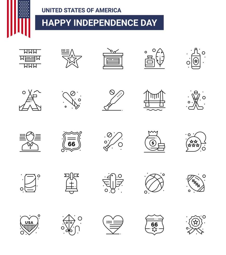 uppsättning av 25 USA dag ikoner amerikan symboler oberoende dag tecken för vin alkohol Semester amerikan fjäder redigerbar USA dag vektor design element