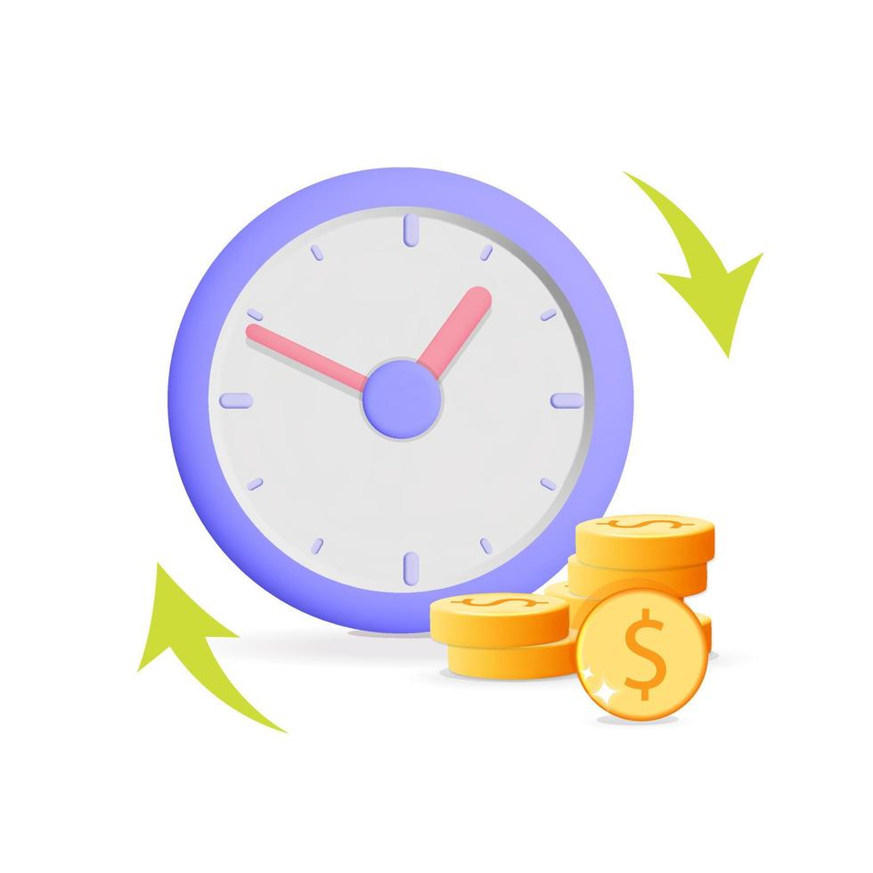 3d vektor realistisk framställa larm klocka timer med stack av mynt och pil tid är pengar begrepp baner design